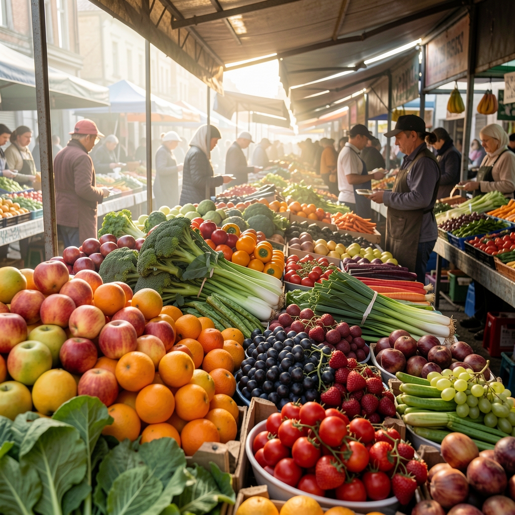 Fruit and vegetable selection at an early morning market, vivid natural colours, editorial composition