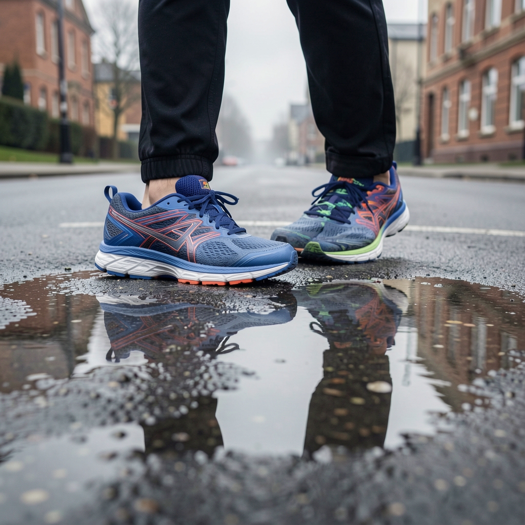 Running shoes on a grey pavement in overcast morning light, person reflected in a puddle